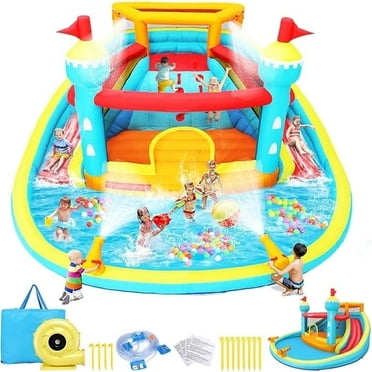 Adnoom Inflatable Water Slide Bounce House for Kids,Inflatable Bouncy House W/520W Blower,Indoor Bouncy Castle with Double Slides,Jumping Area,Splash Pool,Climbing Wall,Water Gun for Park,Backyard