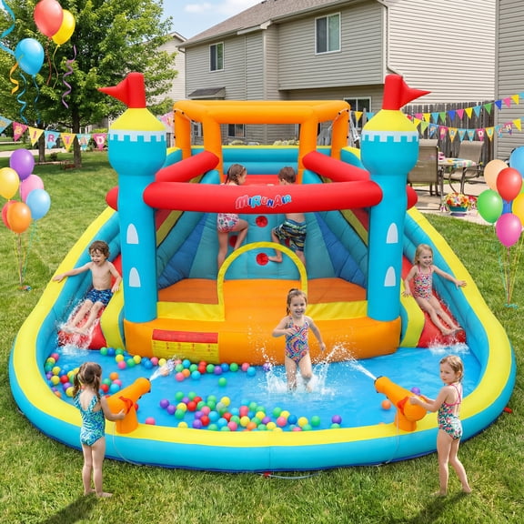 Adnoom Inflatable Water Slide Bounce House for Kids,Inflatable Bouncy House W/520W Blower,Indoor Outdoor Bouncy Castle with 2 Slides,Jumping Area,Splash Pool,Climbing Wall,Water Gun for Park,Backyard