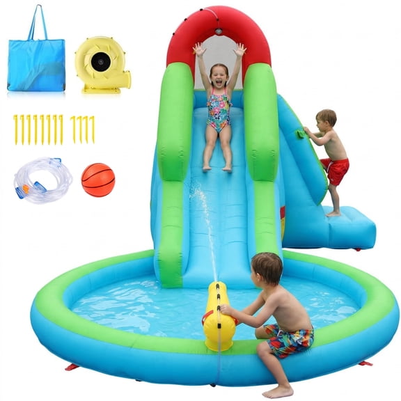 Inflatable Bounce House for Kids 3-10, Inflatable Water Slide with 322W Blower, Bouncy Castle with Large Pool/Ball Pit, Climbing Wall, Outdoor/Indoor, Party, Birthday