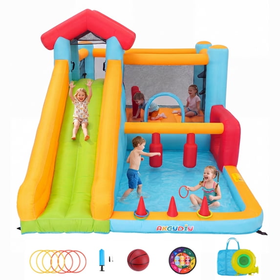11 in 1 Inflatable Bounce House for Big Kids, Indoor Outdoor Bouncy House with Large Pool Pit, 450W Blower, Obstacle Jumping Castle for Backyard Party Kids 3~12