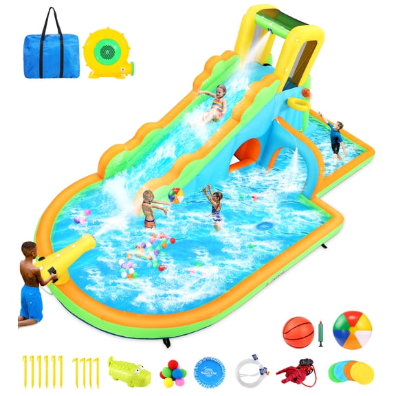 Adnoom Inflatable Water Slide for Kids 3-8, Bouncy Castle Water Park with Long Slide&Large Splash Pool, Backyard Bouncy House with 480W Blower, Climbing Wall,Water Cannon,Basketball Rim