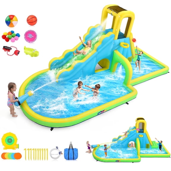 Adnoom Inflatable Long Water Slide, Kids Bounce House Castle Splash Pool for 3-8, Backyard Bouncy Castle with 480W Blower, Climbing Wall,Water Cannon,Basketball Hoop,Obstacle and Tunnel Game