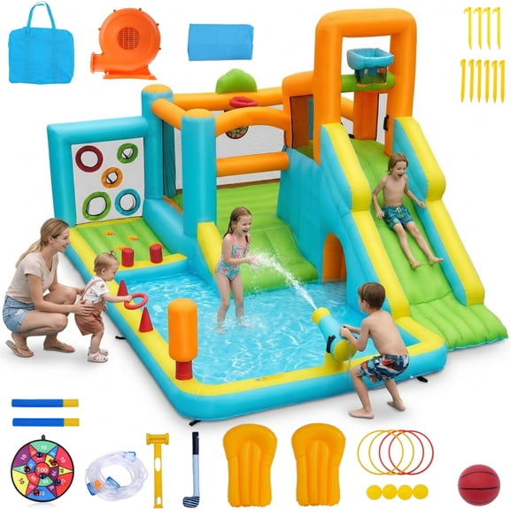 Adnoom Kids Bounce House with Large Splash Pool, Inflatable Water Slide with 550W Blower for Backyard, Jumping Bouncer with Tunnel, Climbing, Ball Pit for 3-12 Years, Indoor/Outdoor