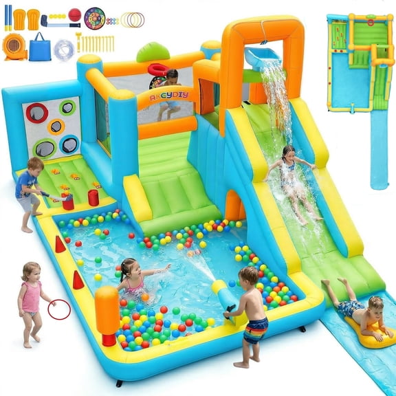 Adnoom Kids Bounce House with Large Splash Pool, Inflatable Water Slide with 550W Blower for Backyard, Jumping Bouncer with Tunnel, Climbing, Ball Pit for 3-12 Years, Indoor/Outdoor