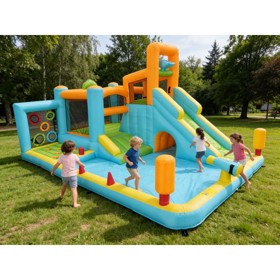 Adnoom Kids Bounce House with Large Splash Pool, Inflatable Water Slide with 550W Blower for Backyard, Jumping Bouncer with Tunnel, Climbing, Ball Pit for 3-12 Years, Indoor/Outdoor