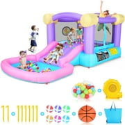 Adnoom Kids Inflatable Bounce House with Water Slide, Inflatable Bouncy Castle with Ball Pit, Indoor Outdoor Slide Jumping Castle Bouncer with 470W Blower, Basketball Hoop, Dart Target, Purple