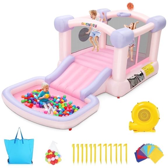 Adnoom Pink Bounce House, Inflatable Bounce Castle for Kids 3-10, Children's Indoor/Outdoor Jumping House with 470W Blower, Wide Slide, Ball pit, 50 Ocean Balls, Dart Game for Backyard Party Birthday