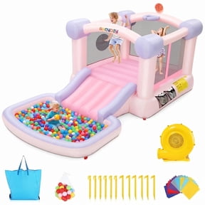 Adnoom Pink Bounce House, Inflatable Bounce Castle for Kids 3-10, Children's Indoor/Outdoor Jumping House with 470W Blower, Wide Slide, Ball pit, 50 Ocean Balls, Dart Game for Backyard Party Birthday