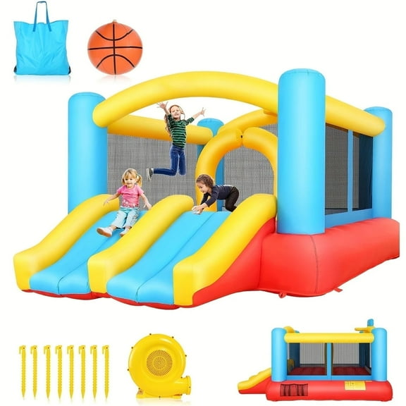 Inflatable Bounce House for Kids 3-10, Bouncy House Double Slide with 470W Blower, Jumper House with Large Jump Area, Basketball Hoop, Durable Oxford Cloth, Indoor&Outdoor
