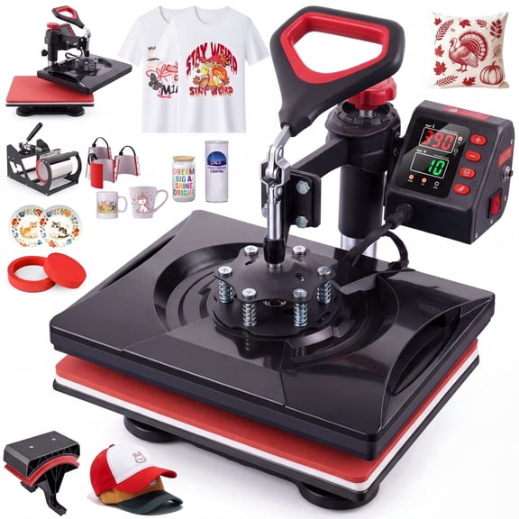 Adnoom 8 in 1 Heat Press 12x15, 360° Swing Away Heat Press Machine, Digital Shirt Press Machine for Mug Hat Plate Cap, Black
