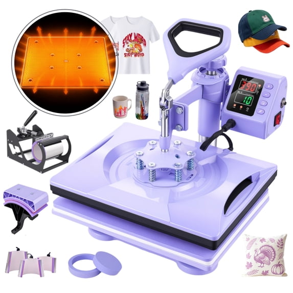 Adnoom 8 in 1 Heat Press 12x15, 360° Swing Away Heat Press Machine, Digital Shirt Press Machine for Mug Hat Plate Cap, Purple