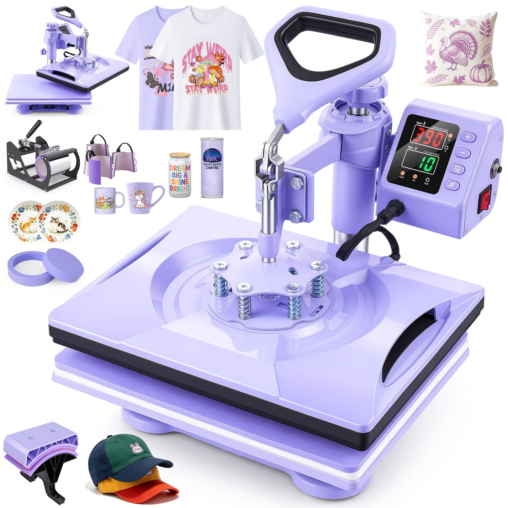 Adnoom 8 in 1 Heat Press 12x15, 360° Swing Away Heat Press Machine, Digital Shirt Press Machine for Mug Hat Plate Cap, Purple