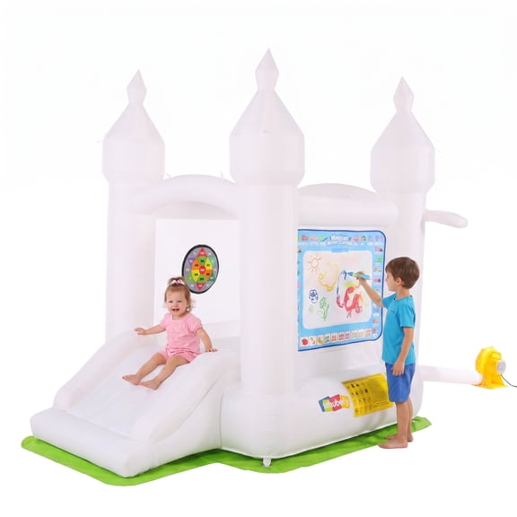 Adnoom White Bounce House with 350W Blower, 8.5ft8ft6ft Bouncy Castle with Slide, Basketball Hoop for Kids Toddlers 3~8 Years, Indoor Outdoor for Birthday, Party, Wedding