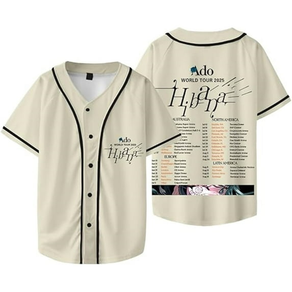 Ado Hibana Baseball Jacket, Unisex Cotton Washed Streetwear, V-Neck Short Sleeve Jackets, 100% Cotton Concert Merch, World Tour 2025 Fashion