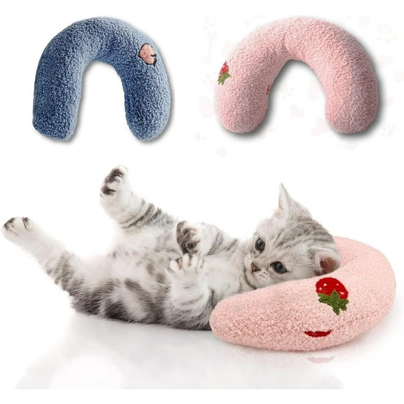 AdoPet U-Shaped Pet Pillow for Cats & Dogs Soft Plush Headrest Cushion with Gentle Neck Support for Rest and Sleep (Blue & Pink)