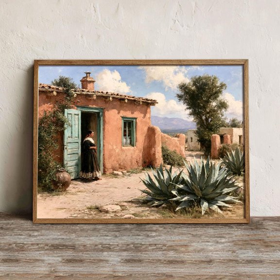 Adobe Hacienda Wall Art Print, Mexican Courtyard Agave Decor