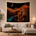 thumbnail image 1 of Adobe House by a Turquoise River Under a Crescent Moon, Peaceful Illustration for Art Lovers, Desert Art, Housewarming Gift, Tapestry Wall Hanging for Bedroom and Living Room, 1 of 7