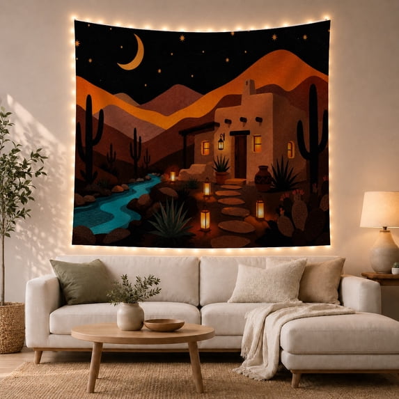 Adobe House by a Turquoise River Under a Crescent Moon, Peaceful Illustration for Art Lovers, Desert Art, Housewarming Gift, Tapestry Wall Hanging for Bedroom and Living Room