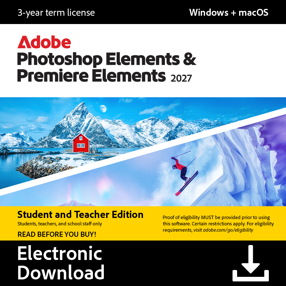 Adobe Photoshop Elements & Premiere Elements 2027 Student & Teacher Edition, for PC/Mac, Photo & Video Editing, 3-year term license (Digital Download)