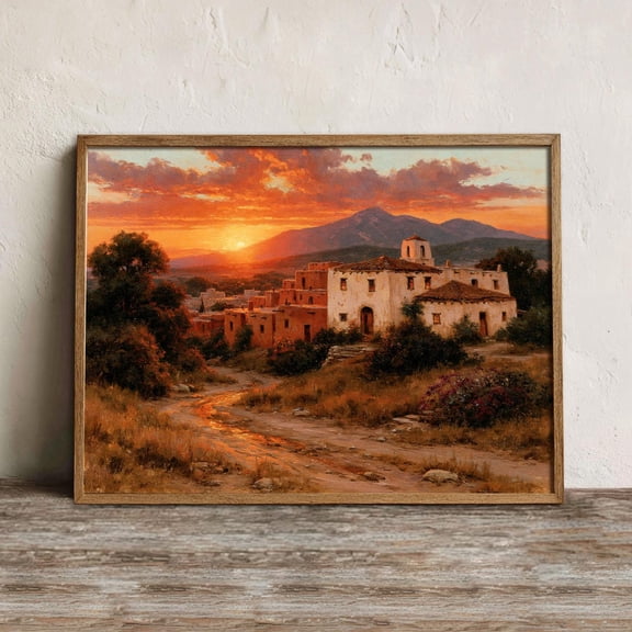 Adobe Village Sunset Wall Art Print, Mexican Mission Church Decor