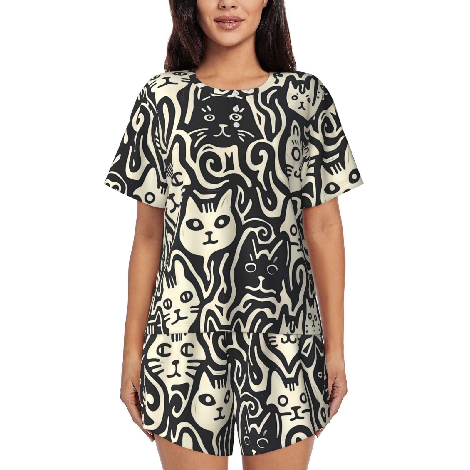 Adobk Abstract Cat Faces Pattern Print Women Pajamas Sets for Short