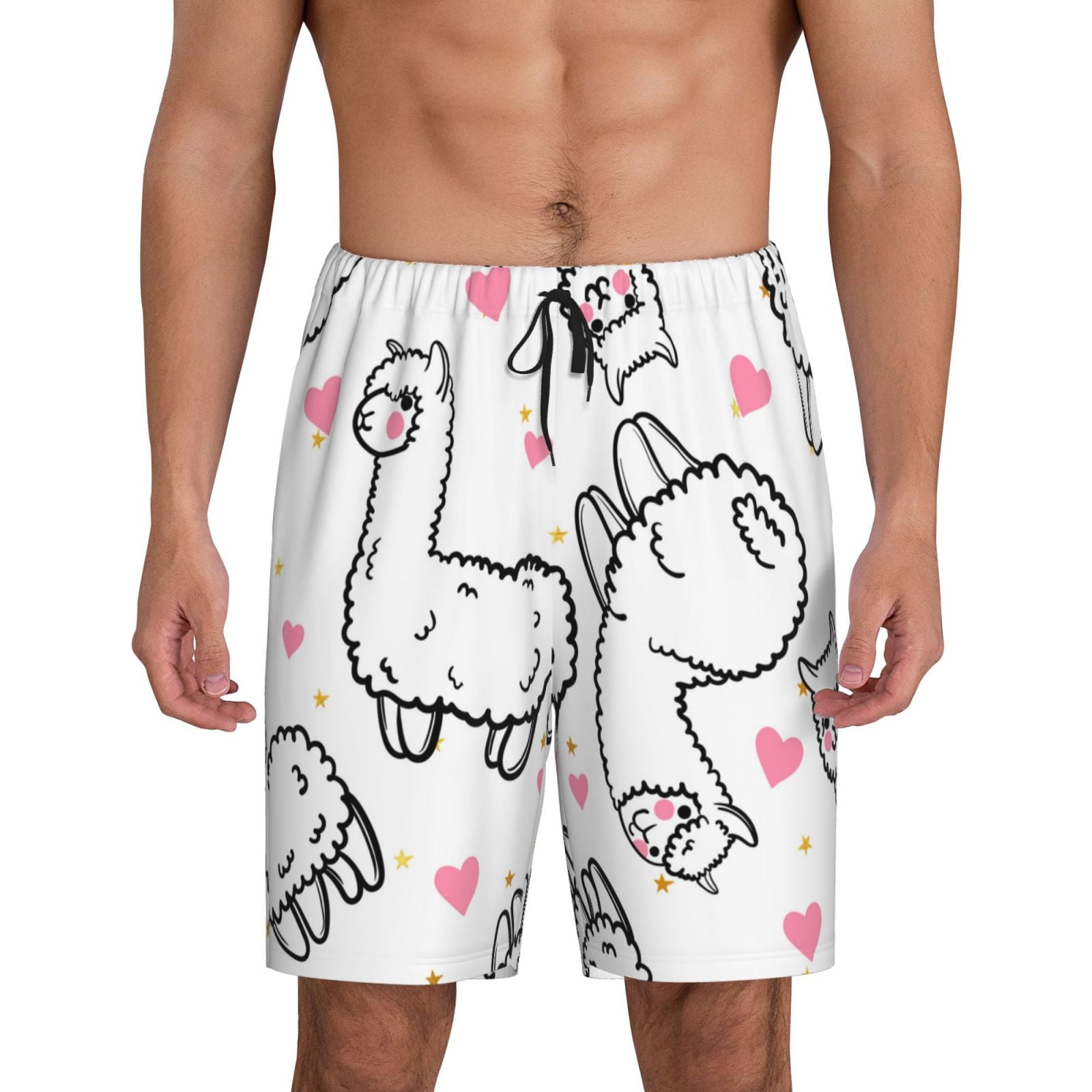 Adobk Alpacas and Hearts Print Pajama Shorts for Men Pjs Bottoms Sleep