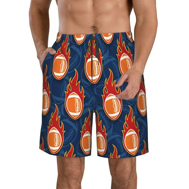 Adobk American Football and Fire Flames Print Men's Swim Trunks Hawaiian Bathing Suit Swimsuits Beach Shorts with Pockets-Medium