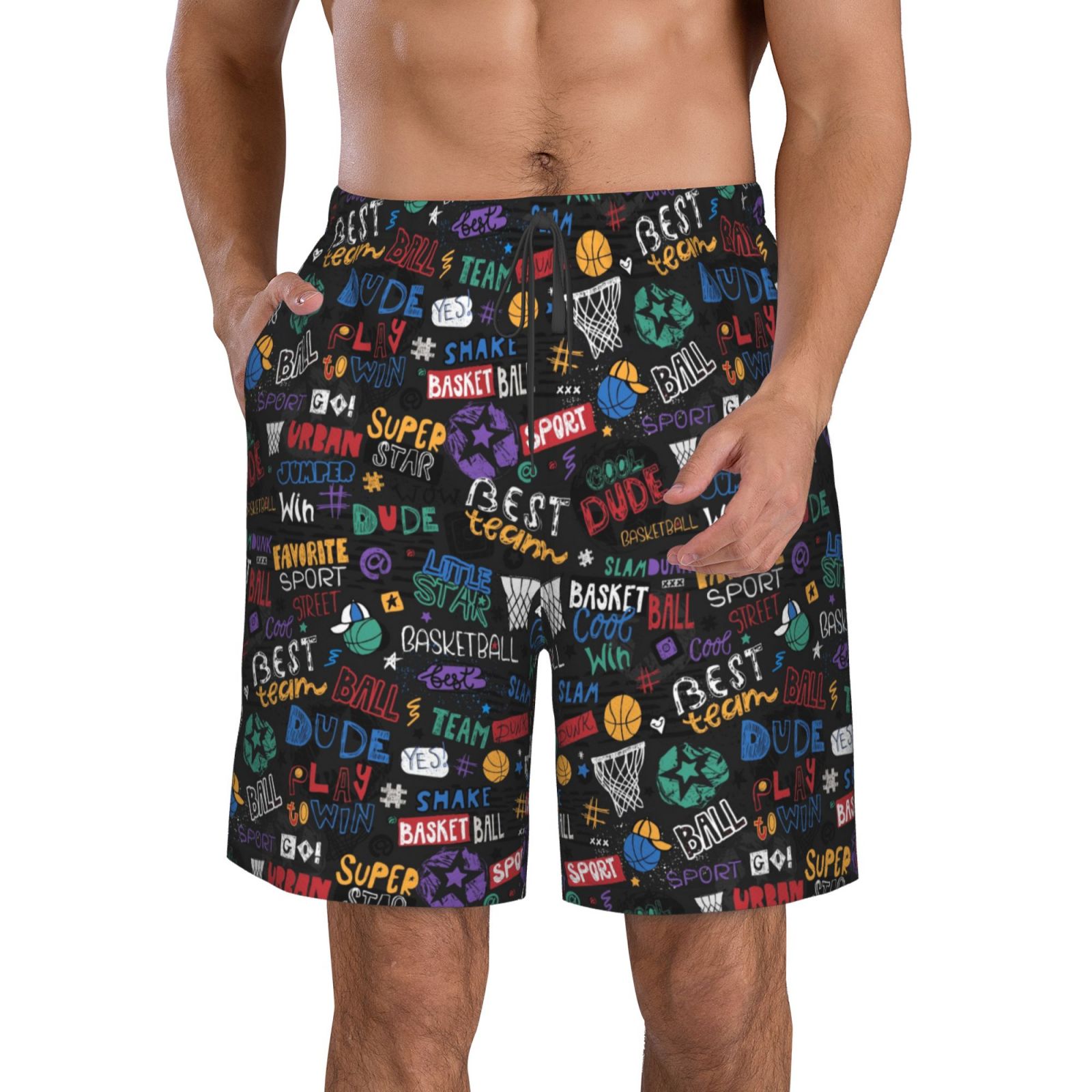 Adobk Basketball Print Men's Swim Trunks Hawaiian Bathing Suit