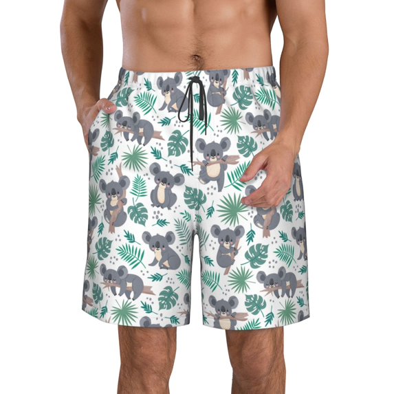 Adobk Bears and Tropical Leaves Print Men's Swim Trunks Hawaiian Bathing Suit Swimsuits Beach Shorts with Pockets-Large
