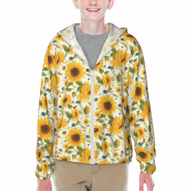 Adobk Beautiful Countryside Sunflower Print Rash Guard Long Sleeve UPF