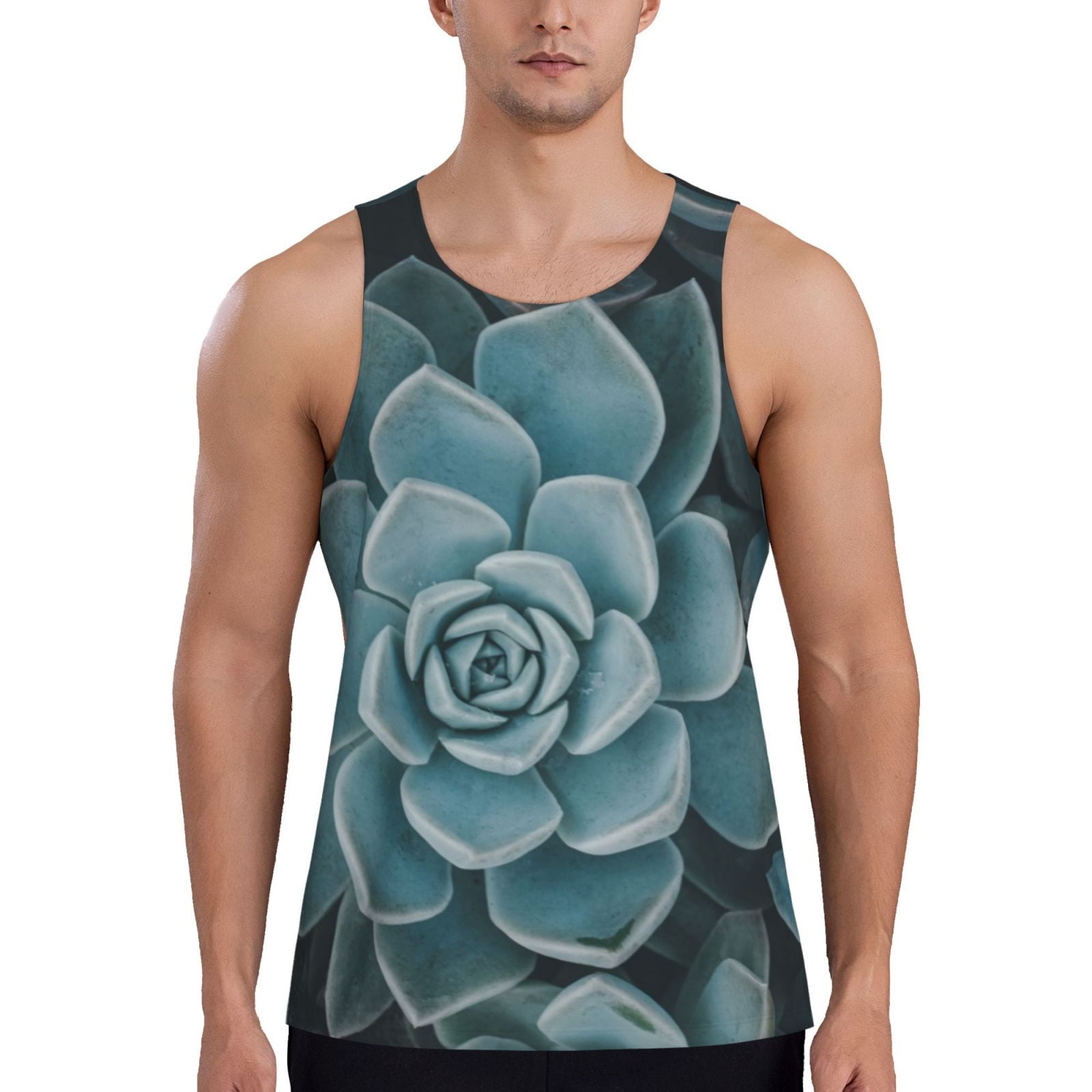 Adobk Blue Color Cactus Print Men's Workout Tank Tops Sleeveless Mesh