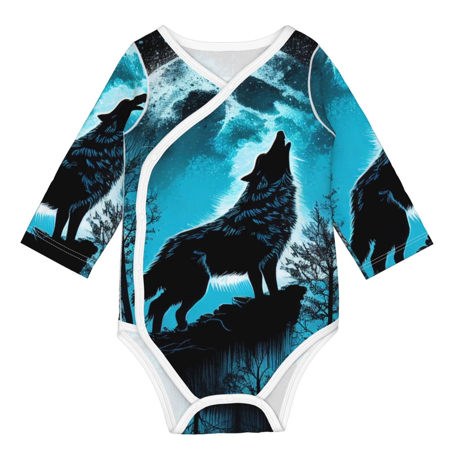 Adobk Blue Full Moon Wolf Print Baby LongSleeve Bodysuit Baby Clothes