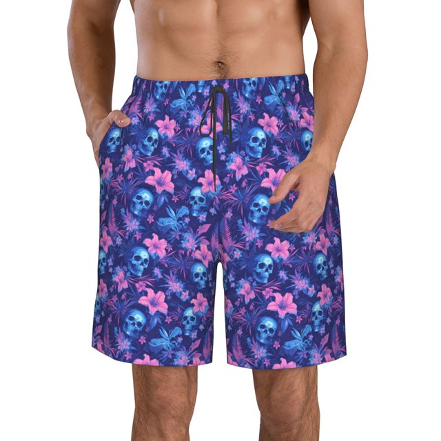 Adobk Blue Skull Leaf Print Men's Swim Trunks Hawaiian Bathing Suit