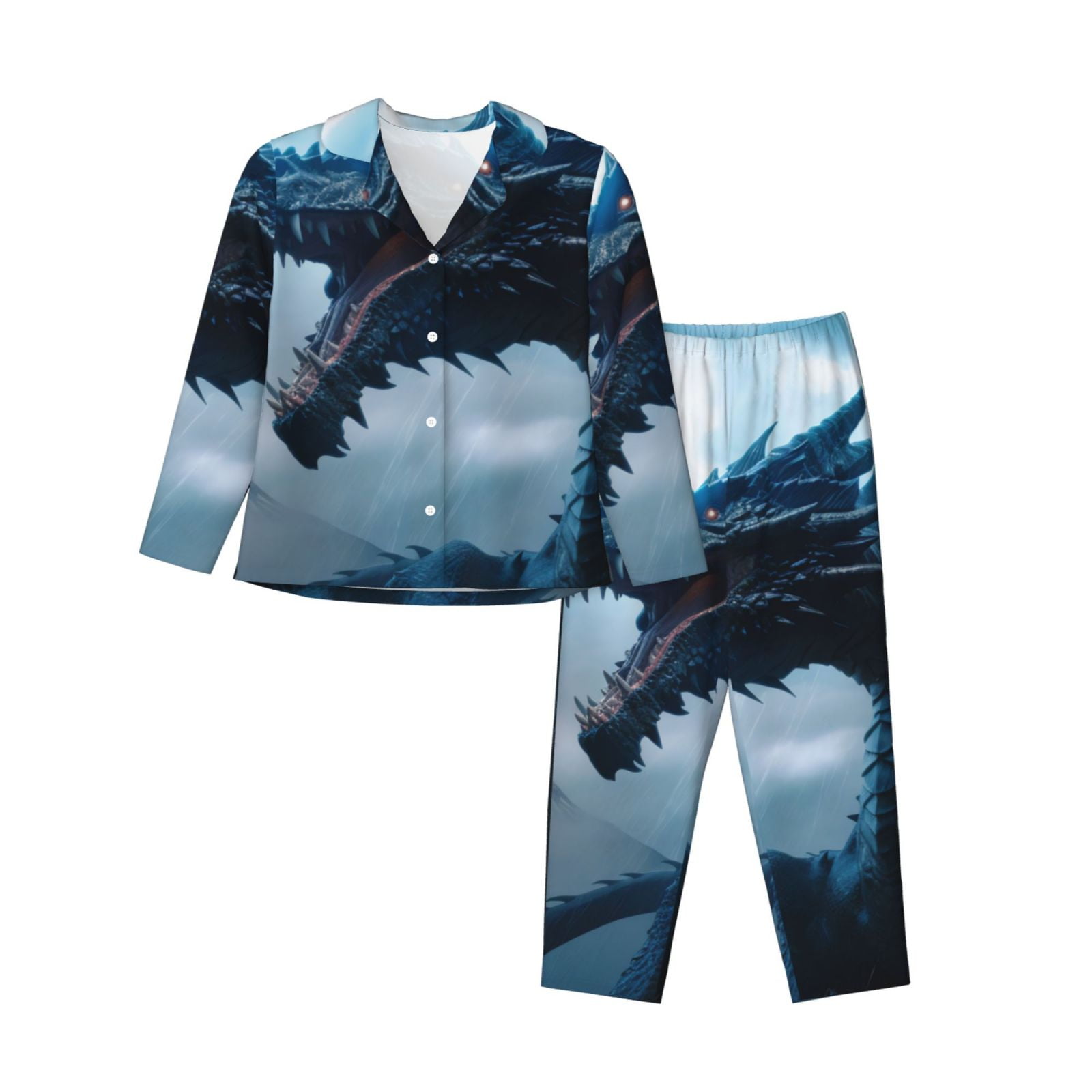 Adobk Blue Thunder Storm Dragon Print Pajamas Set Long Sleeve Sleepwear ...