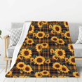 Adobk Brown Blue Plaid Sunflower Print Blanket Super Soft Flannel Throw