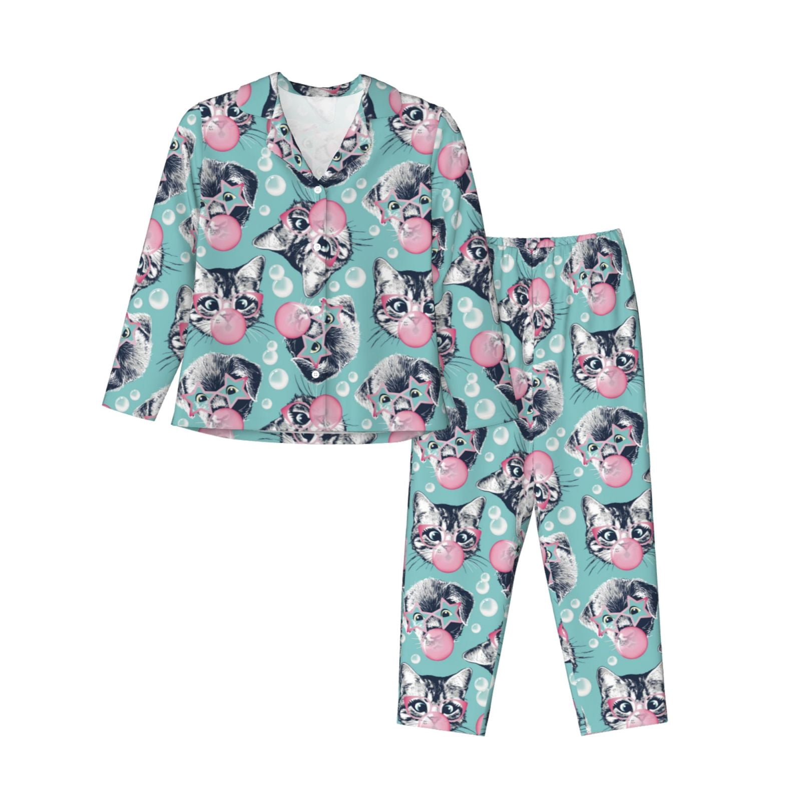 YIJIU Women's Cat Print Pajama Set - Short Sleeve Top & Capri Pants, Purple Butterfly, 3X-Large