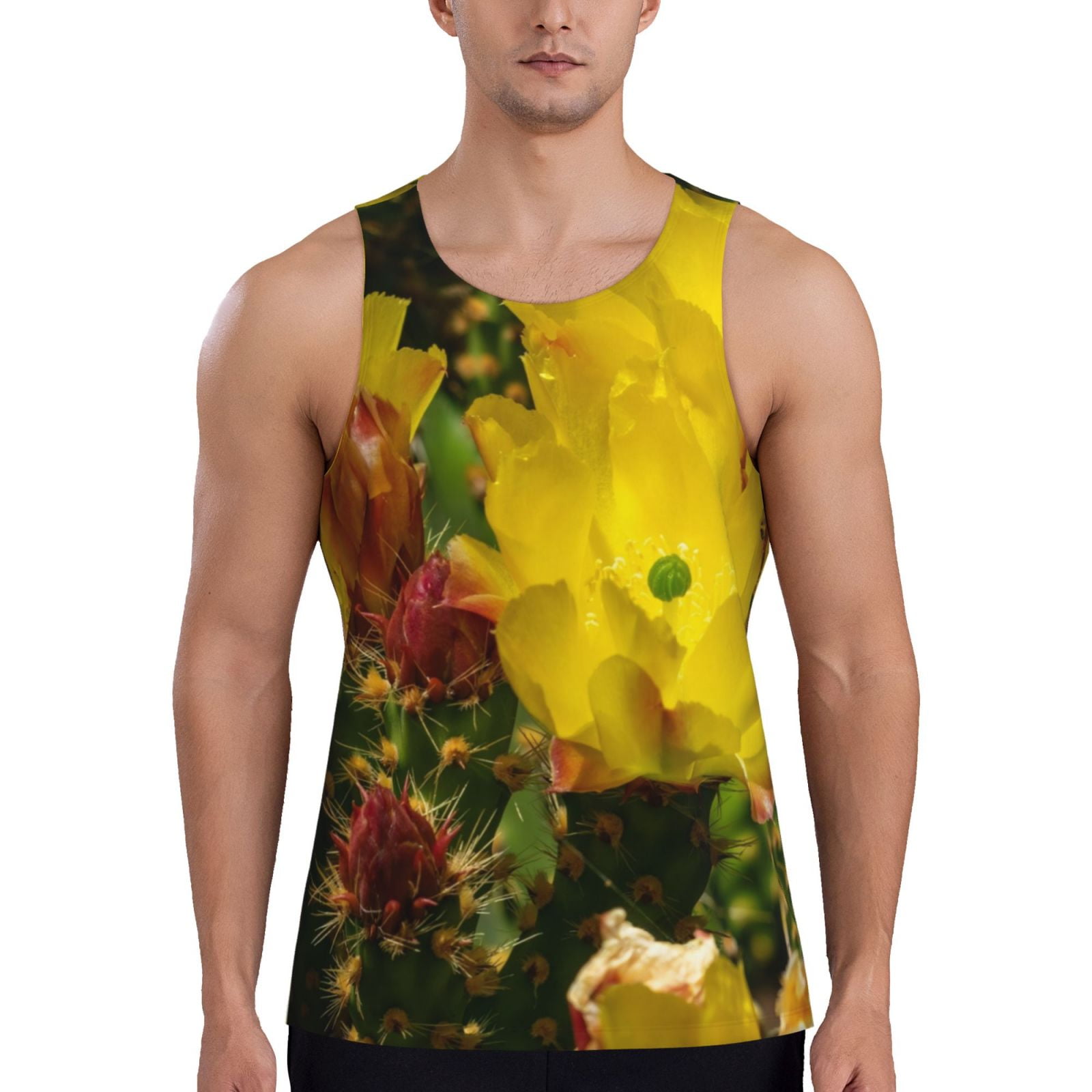 Adobk Cactus Flowers Print Men's Workout Tank Tops Sleeveless Mesh
