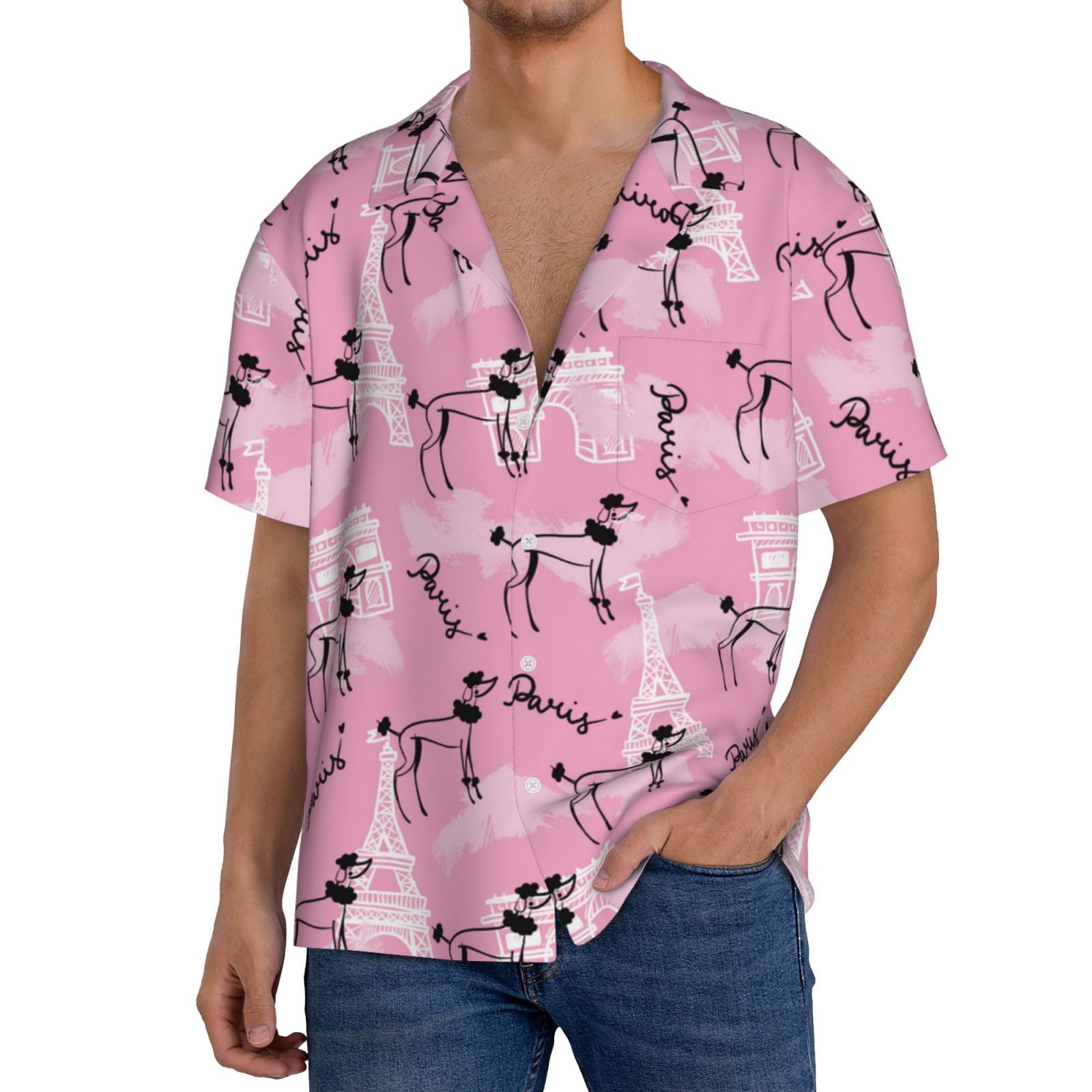Adobk Cartoon Poodle Dog Print Men's Casual Button Down Shirt Summer
