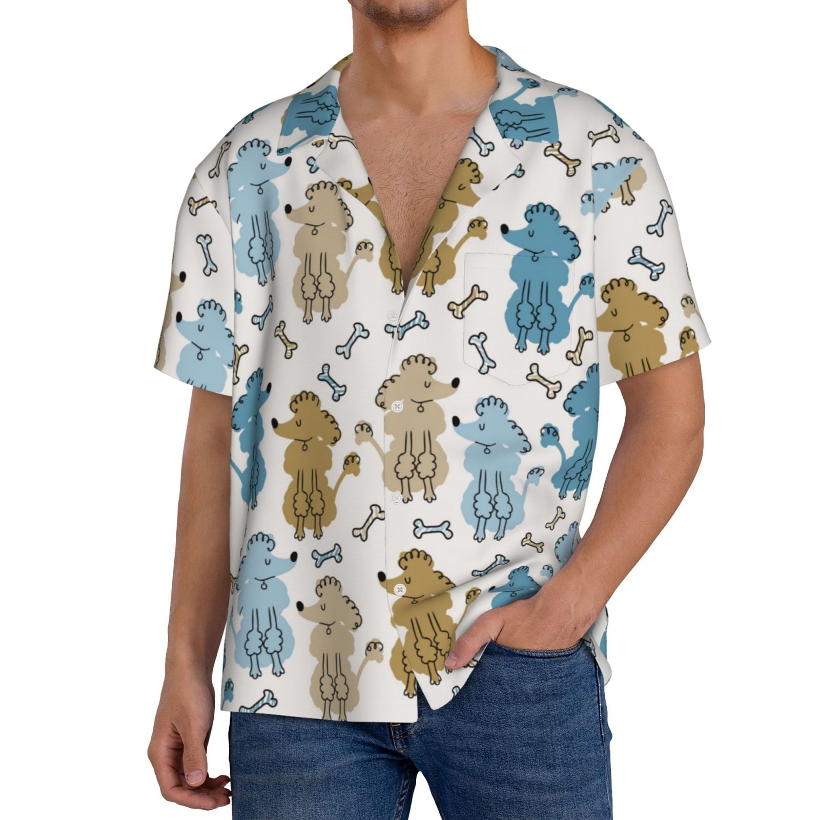 Adobk Cartoon Poodle Dog Print Men's Casual Button Down Shirt Summer Hipster Regular Fit Short ...