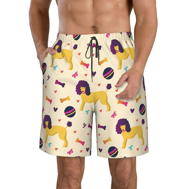 Adobk Cartoon Poodle Dog Print Men's Swim Trunks Hawaiian Bathing Suit Swimsuits Beach Shorts with Pockets-3X-Large