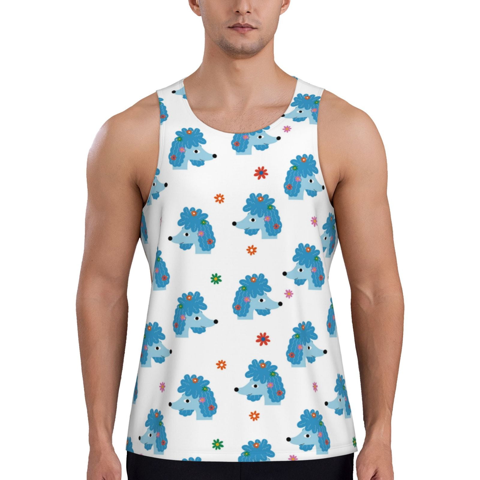 Adobk Cartoon Poodle Dog Print Men's Workout Tank Tops Sleeveless Mesh