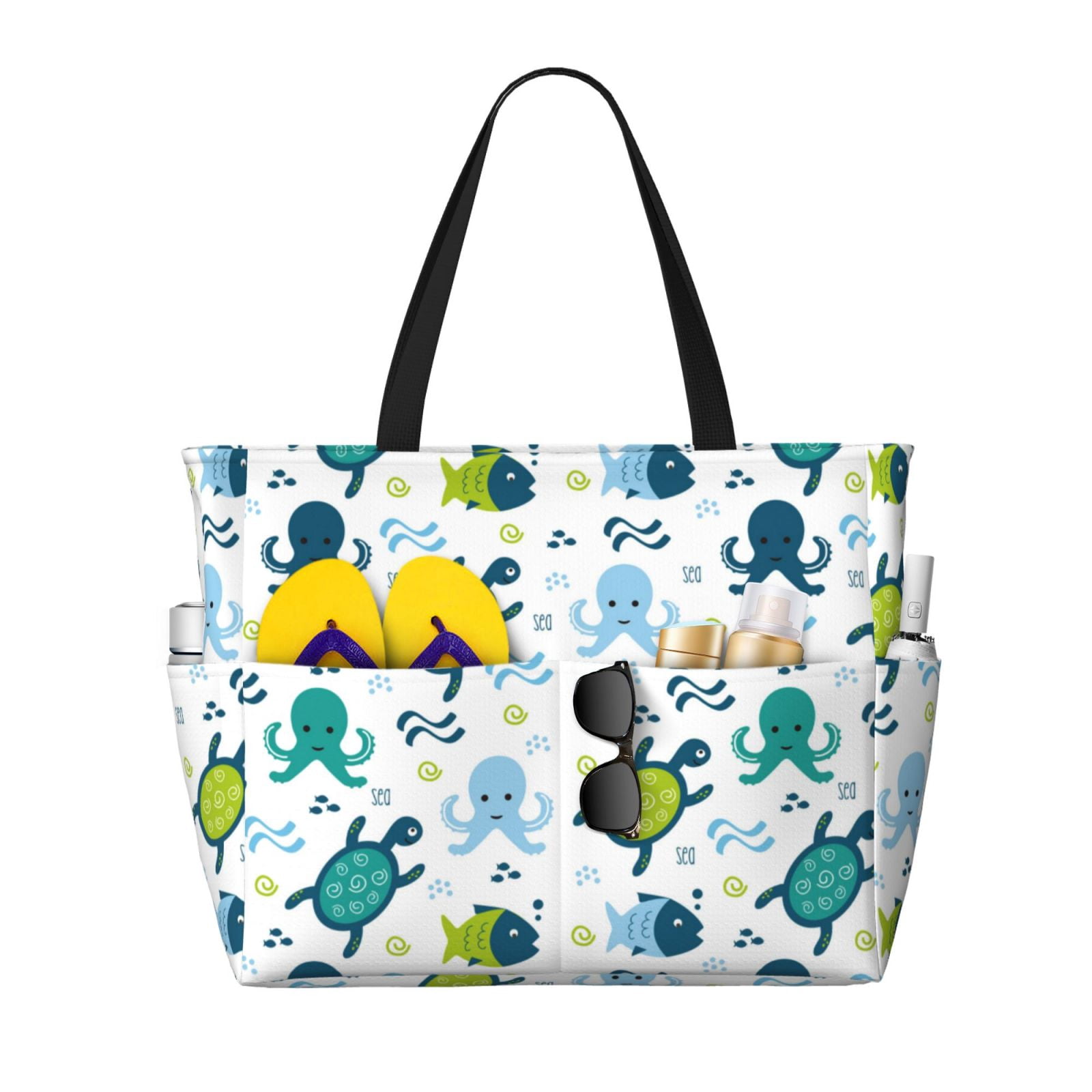 WIYPRQZ Large Beach Tote Bag For Women - Waterproof With Zipper, Blue Palm Leaf Design | Travel, Pool, Swim Bag & Work Tote