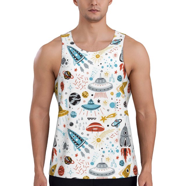 Adobk Cartoon Space Print Men's Workout Tank Tops Sleeveless Mesh