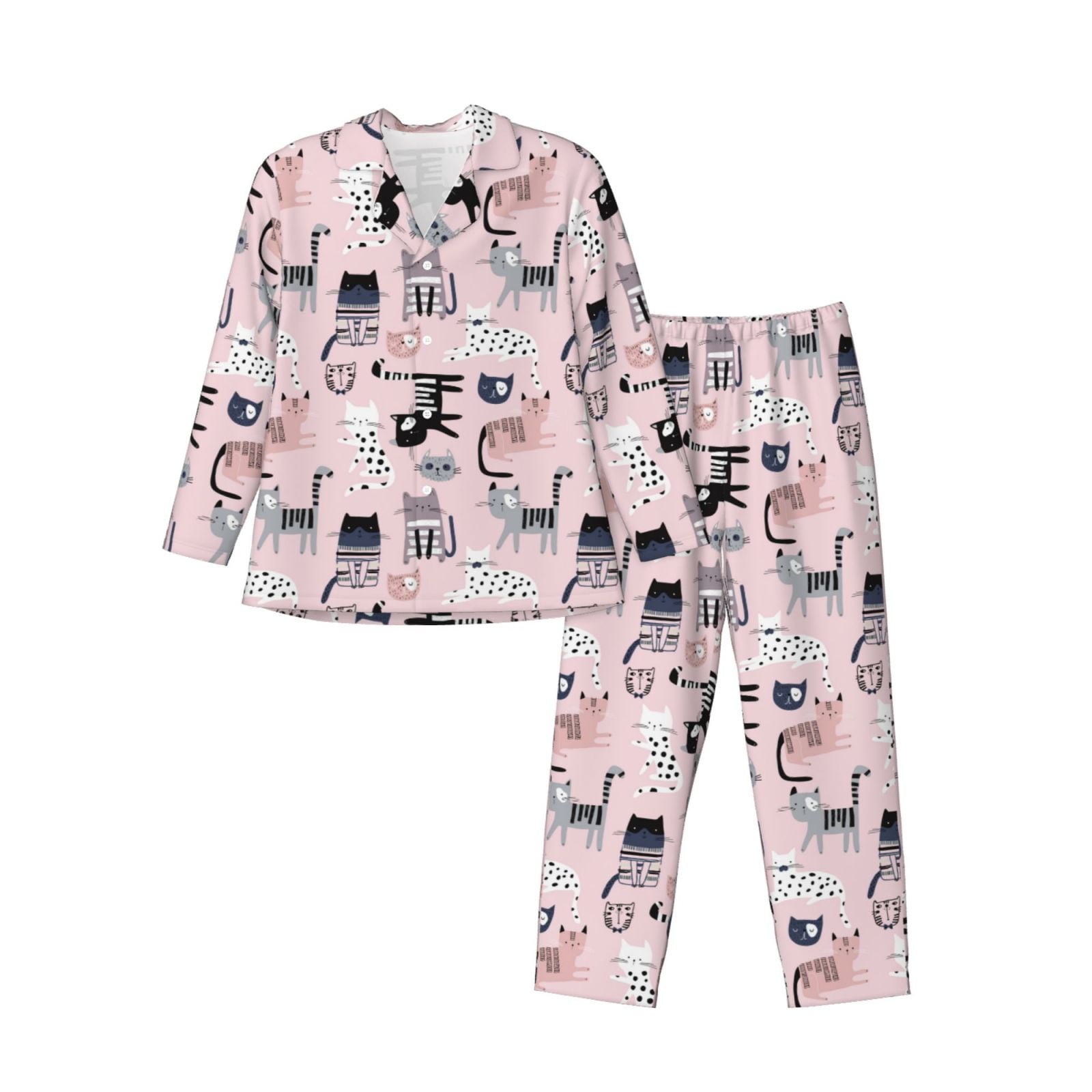 Adobk Cat Print Mens Pajamas Set Long Sleeve Soft Pajamas for Men