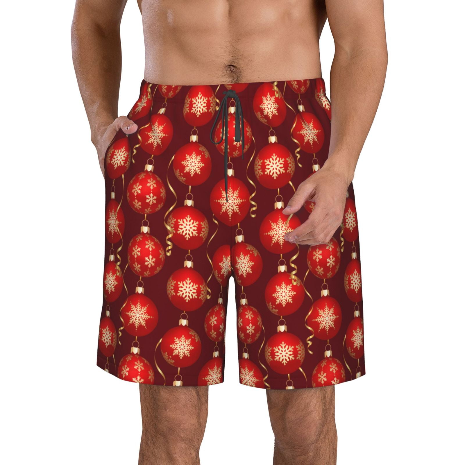 Adobk Christmas Red Balls Print Men's Swim Trunks Hawaiian Bathing Suit