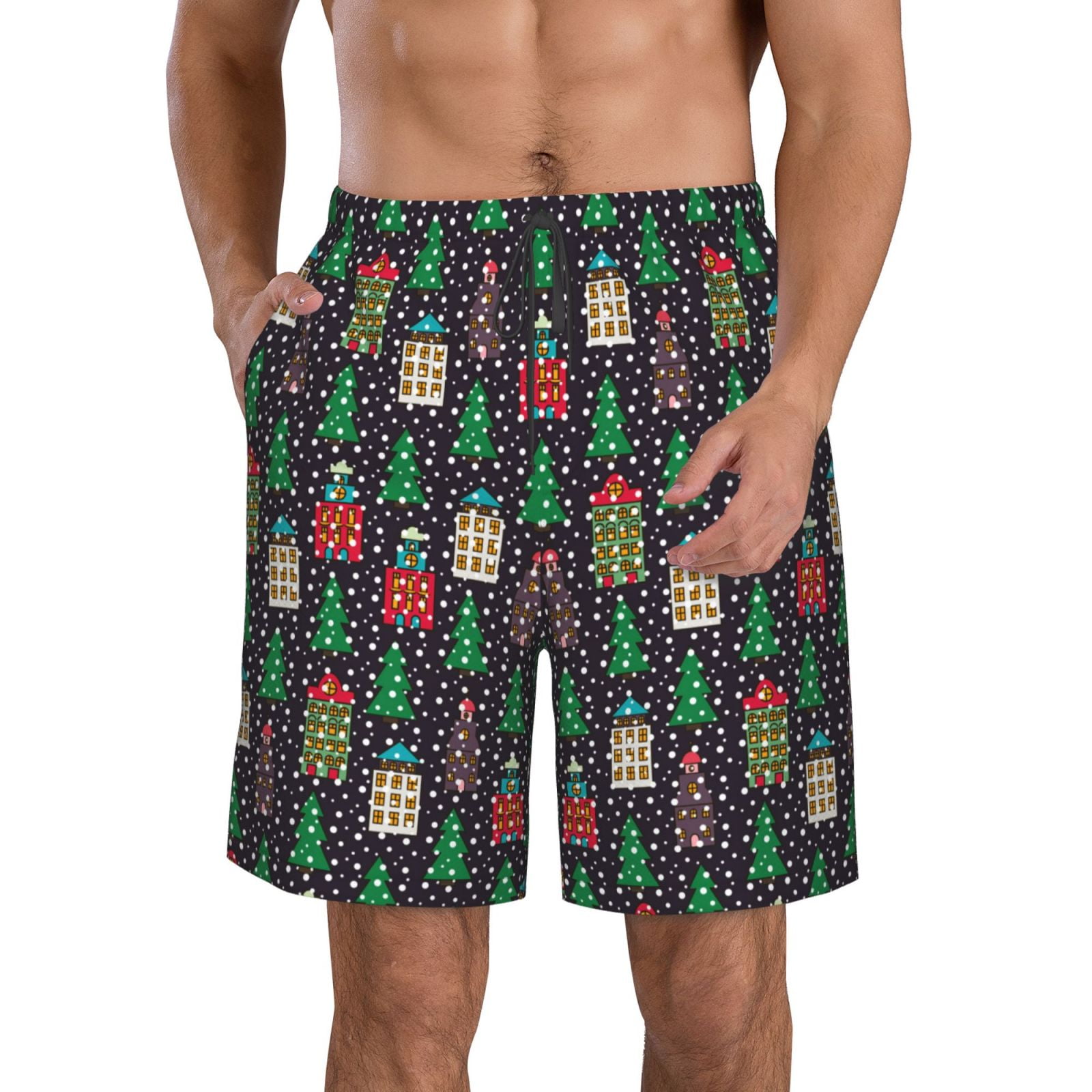 Adobk Christmas Trees And Houses Print Men's Swim Trunks Hawaiian