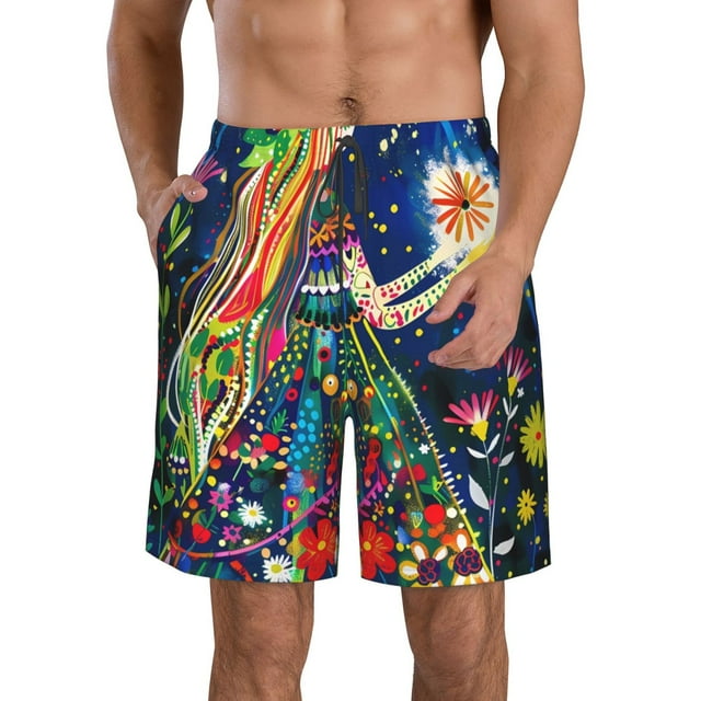 Adobk Colorful Floral Forest Fairy Print Men's Swim Trunks Hawaiian Bathing Suit Swimsuits Beach Shorts with Pockets-Small