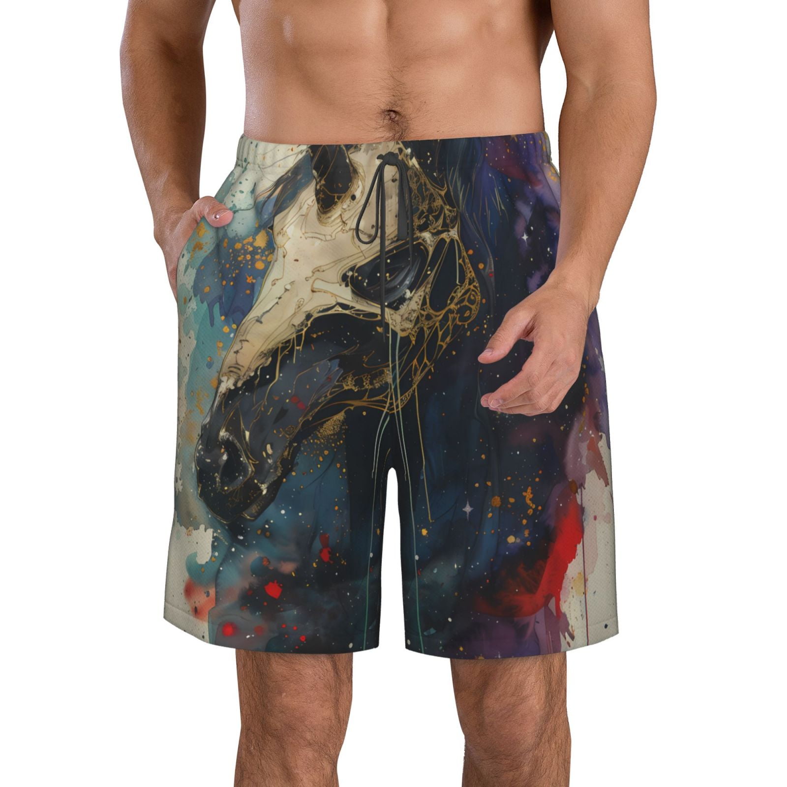 Adobk Colorful Ink Cute Horse Print Men's Swim Trunks Hawaiian Bathing