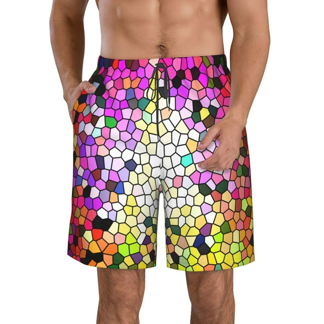 Adobk Colorful Tie Dye Stained Glass 3 Print Men's Swim Trunks Hawaiian Bathing Suit Swimsuits Beach Shorts with Pockets-Large