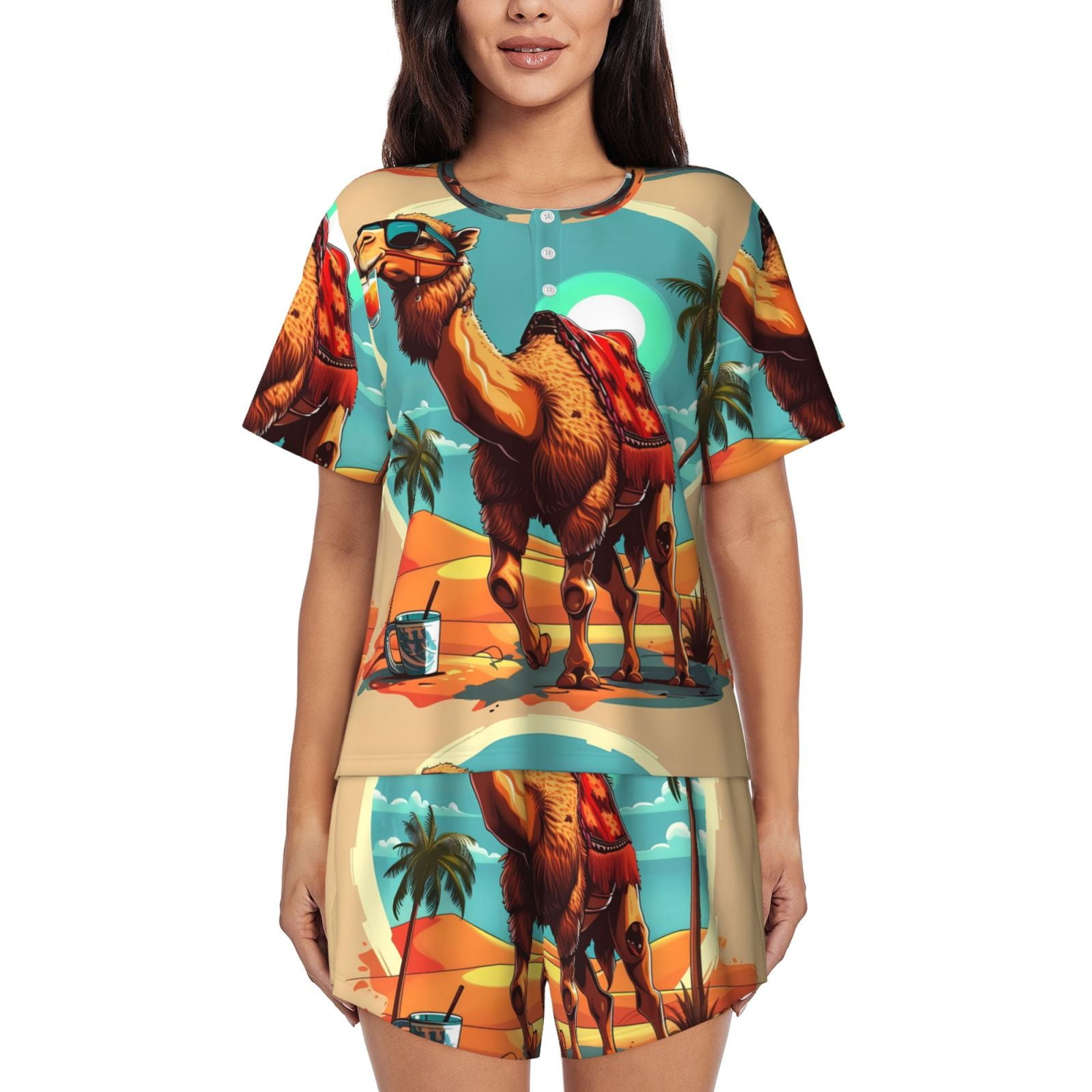 Adobk Cool Camel Oasis Vibes Print Women Pajamas Sets for ShortSleeved